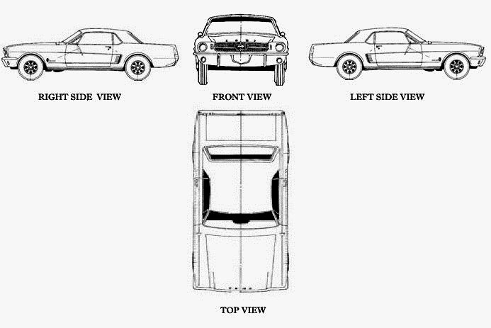 Four orthographic views of a car