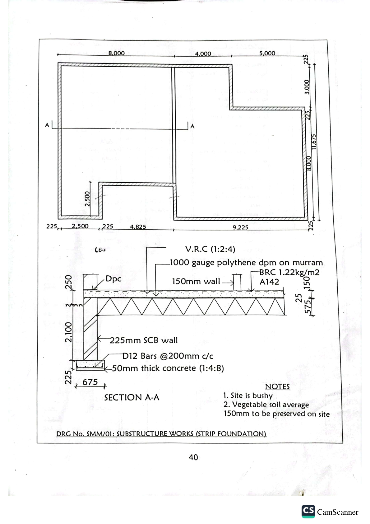 A strip foundation plan and cross-section for a building substructure