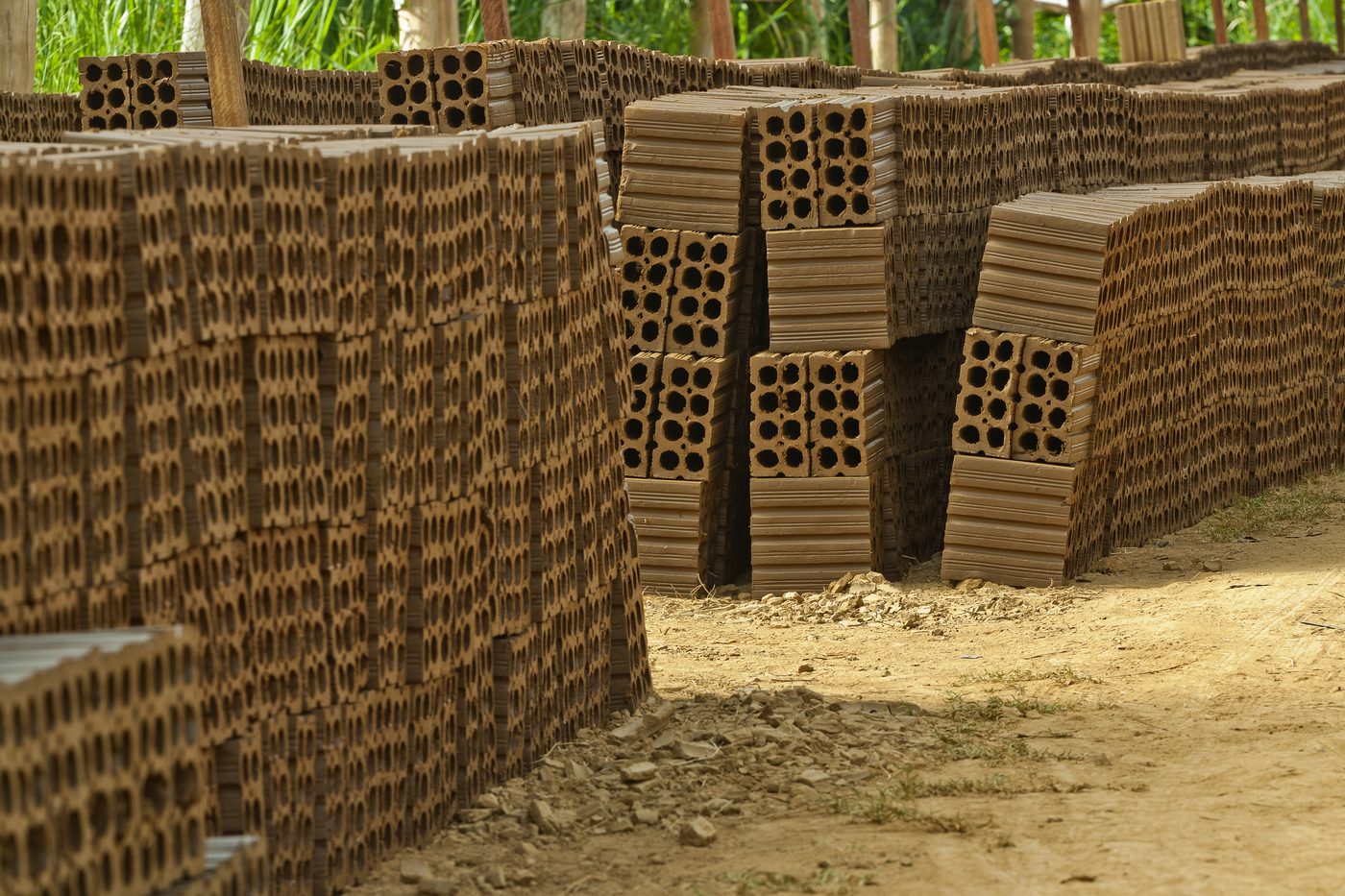 Stacks of perforated clay bricks