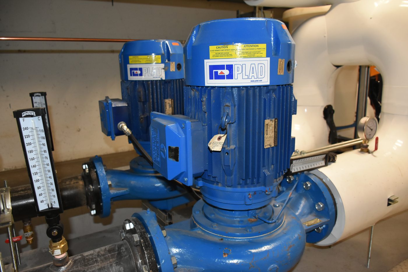 Centrifugal pumps installed in a mechanical room