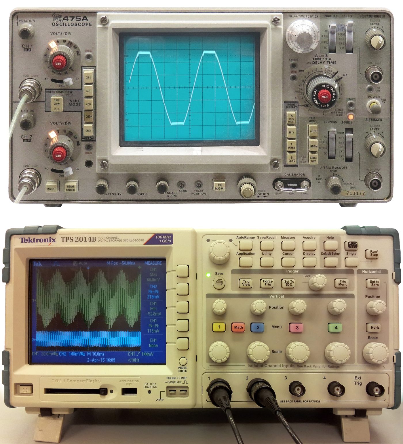 Two oscilloscopes displaying waveforms