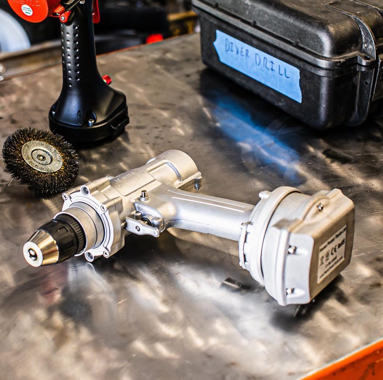 Cordless power drill on workbench