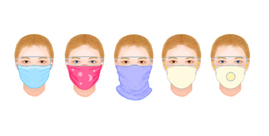 Various types of respiratory masks on faces
