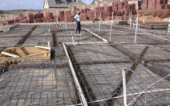 Concrete slabs with reinforcement bars on site