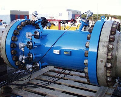 Industrial ultrasonic flow meter installed on pipeline